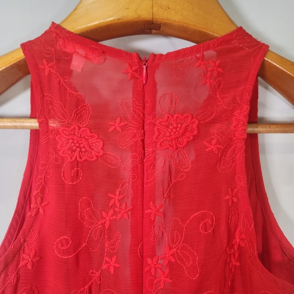 Red Lace Jumpsuit with Scalloped Edges - Picture 10 of 11
